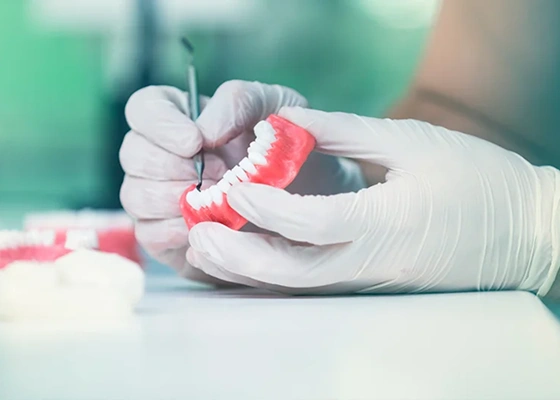 Dental professional holding a full denture during an adjustment